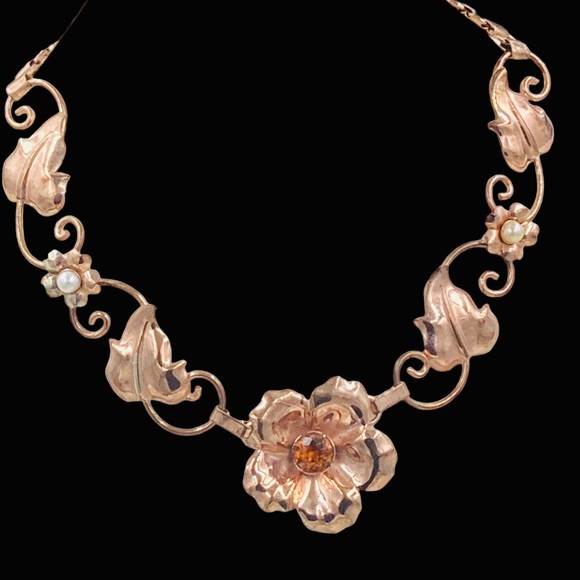 Vintage 1940's Retro Modern Sterling Rose Gold Vermeil Choker Necklace - Picture 2 of 9